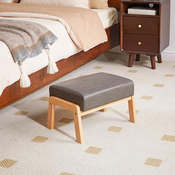 IBUYKE 10.2” H Small Foot Stool Ottoman, Rectangle PU Faux Leather Foot Rest with Padded Seat and Wood Legs, Modern Accent Ottoman Foot Rest for Living Room Bedroom Couch Office, Grey WBD013G