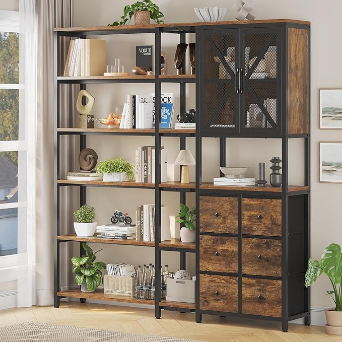 Corner Bookshelf, 6 Tier Industrial Convertible Bookshelf with 6 Fabric Drawers, Corner Bookcase Large L Shaped Storage Display Shelf for Home Office, Living Room, Kitchen, Rustic Brown