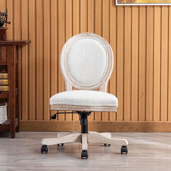 LukeAlon Vintage Linen Office Chair, Adjustable Height Swivel Task Chair with Wood Frame Armless Desk Chair with Wheels Upholstered Round Back Vanity Chair for Home Office Study Room, Beige