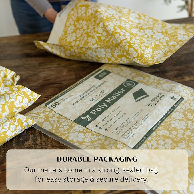 Poly Mailers 14.5x19 Inch 50 Pack Extra-Large Shipping Bags Strong Thick Mailing Envelopes Self Sealing Adhesive Waterproof & Tear Proof | Small Business Packaging for Clothing - Floral Mustard Yellow