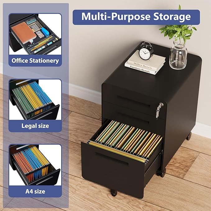 Rolling File Cabinet with Lock, 3 Drawer Metal Mobile Filing Cabinet Office Under Desk for Legal/Letter Size, Fully Assembled Except Casters