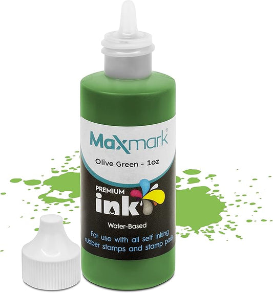 MaxMark Premium Refill Ink for self Inking Stamps and Stamp Pads, Olive Green Color - 1 oz.
