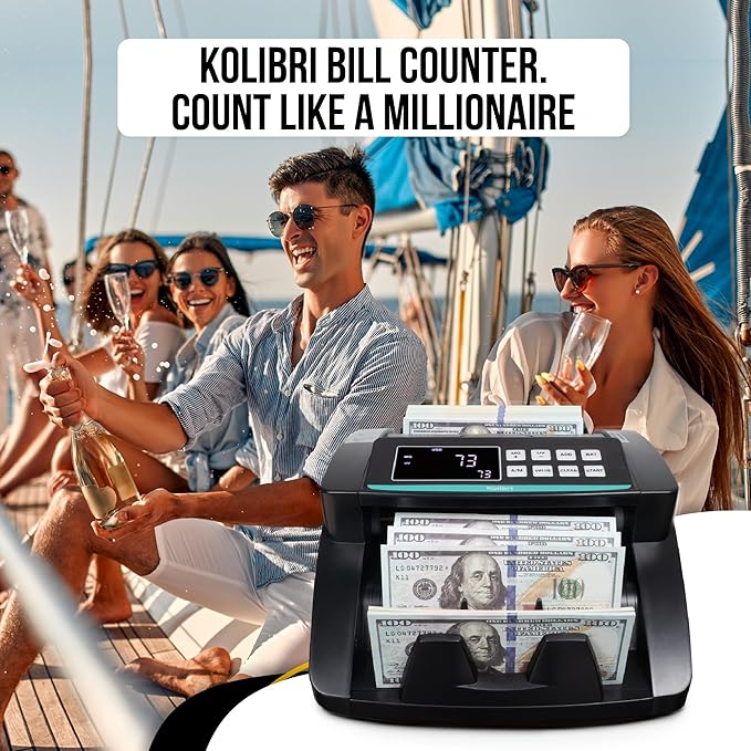 KOLIBRI Money Counter Machine with Advanced Fake Detection & LCD Display | 1,500 Bills per Minute Single-Denomination Cash Counter | Bill Counter Machine (US Customer Support)