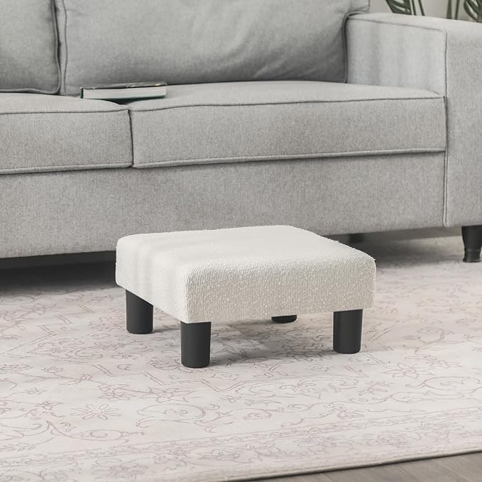 Joveco Small Foot Stool Ottoman, Cotton Line Square Footstool Upholstered Footrest Foot Rest for Chair, Under Desk, Office, Living Room, Pinstripe White