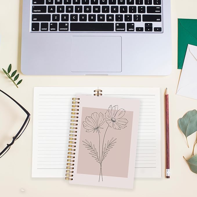 BearCake Pink Boho Floral Notebook Journal for Women, Minimalist Boho Floral Notebook,Hardcover Spiral Journal Notebook 5.5x8.3