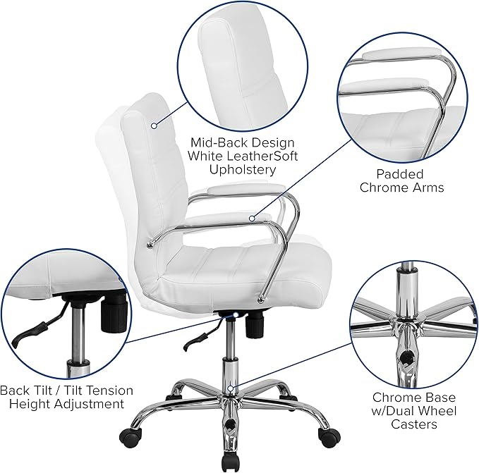 Flash Furniture Whitney Mid-Back Swivel LeatherSoft Desk Chair with Padded Seat and Armrests, Adjustable Height Padded Office Chair, White/Chrome