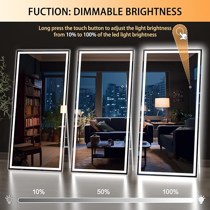 Hasipu Full Length Mirror with Lights, 95" x 40" LED Lighted Floor Standing Mirror, Full Body Dressing Hanging Mounted Mirrors, Dimmable, Tempered Glass, Safe to Use, Square White