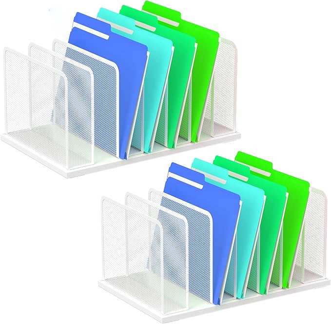 Kuntine.B Desk File Organizer Upright Mesh Desktop Organizer File Sorter Office Organization File Holder for Home, Office & Classroom (White, 2 Pack 7-Section)