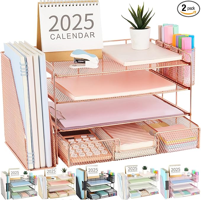 gianotter Desk Organizers and Accessories with File Holder, 4-Tier Desk Accessories & Workspace Organizers with Drawer and 2 Pen Holder, Paper Organizer for Office Supplies (Rose Gold)