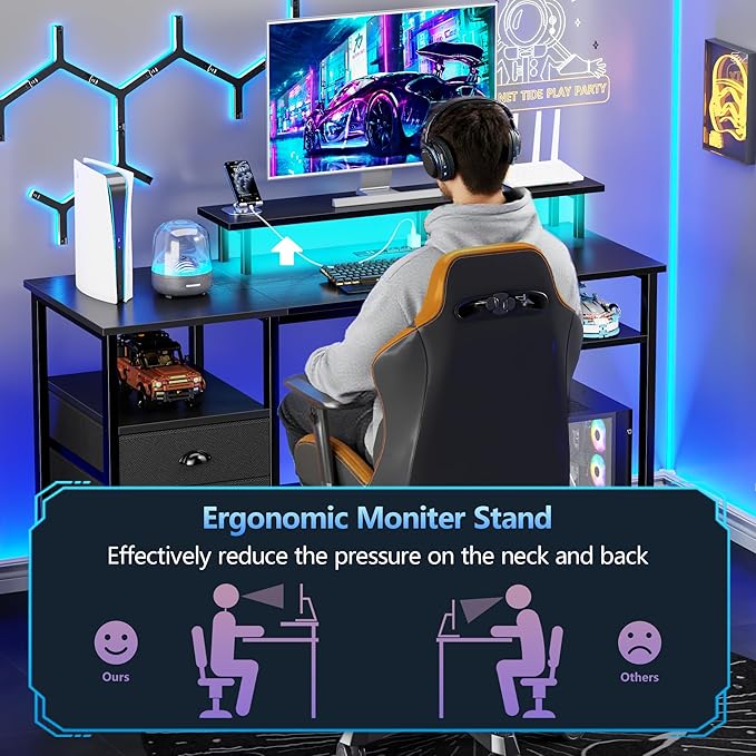 Furologee 51" Gaming Desk with Power Outlets & LED Lights, Reversible Computer Desk with File Cabinet & Monitor Stand for Home Office, Large Work Table with Storage Shelves & Drawer, Black