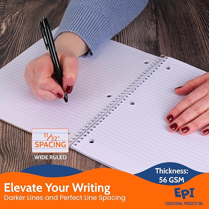 EPI Spiral Notebook | 3 Subject - Wide Ruled - 120 Sheets, Durable Spiral Binding | 10.5 x 8 in | Classroom Supplies | School, Office, Note Taking, Journaling - 12 Pack