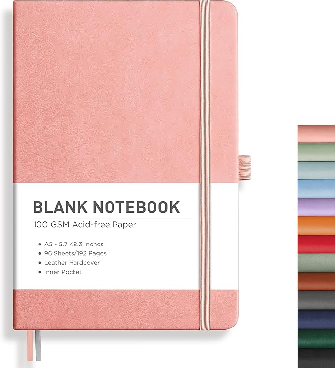 RETTACY Blank Journal Notebook, 192 Pages, A5 Medium Size (5.7'' x 8.3''), Leather Hardcover, 100 GSM Thick Paper, for Sketching, Drawing, Painting (Pink)