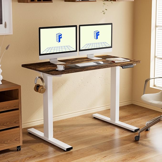 FLEXISPOT EN1 One-Piece Standing Desk, 55 x 28 Electric Height Adjustable Sit Stand Desk for Home Office (White Frame + 55" Rustic Top, 2 Packages)