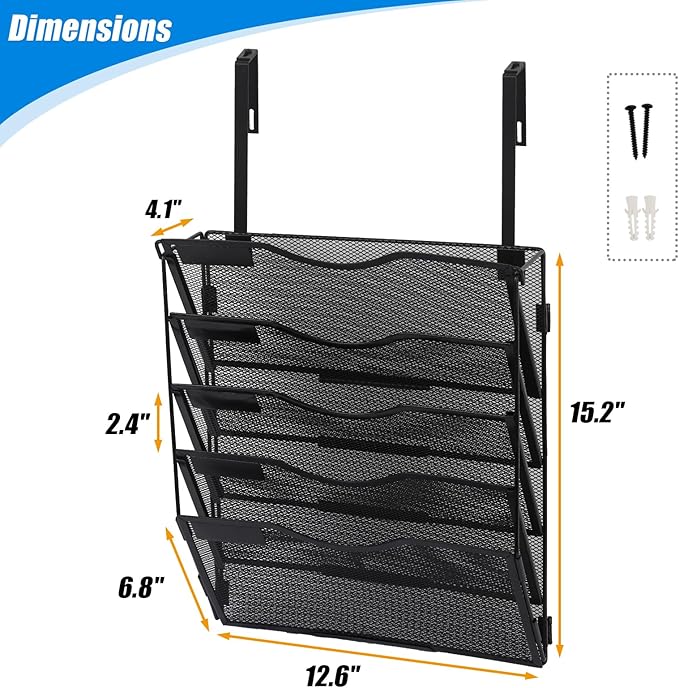 EASEPRES 5 Pocket Mesh Hanging Wall File Organizer with Hangers & Nametag Label, Wall Mounted Mail Paper Document Folder Holder, Clipboard Storage Organization Magazine Rack for Office Cubicle, Black