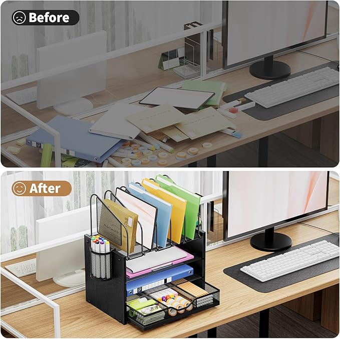 Marbrasse Desk organizer with Drawer, 4-Tier Wooden File Organizer with 5 Vertical File Holders and 2 Pen Holders, Desk Organizers and Accessories for Home Office - Black