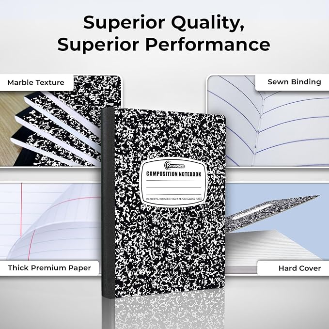 College Ruled Composition Notebooks 5 Pack, 200 Pages (100 Sheets), 9-3/4" x 7-1/2", White & Black Marble Composition Book, Hard Cover, Sturdy Sewn Binding, School, College & Office Supplies