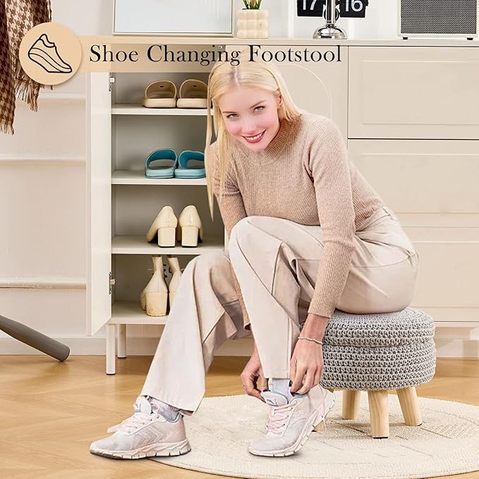 Round Storage Ottoman Foot Rest Cotton Braided Foot Stool Pouf Ottoman with Solid Wood Legs Footstool with Storage Shoe Changing Stool for Living Room Gray