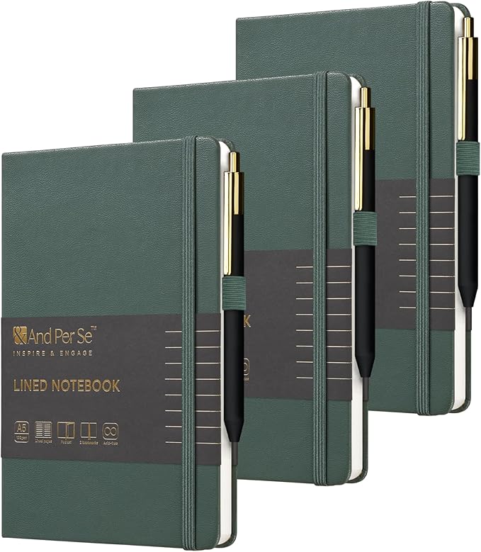 A5 Lined Leather Journal and Pen Set (3 packs), Hardcover Notebook with Pen, 160 Pages 100gsm Thick Ruled Paper for Men Women, for Work, Business, School or Home Writing, 5.7'' x 9'' (Green)