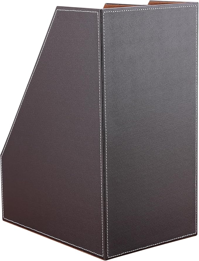 KINGFOM Wooden Leatherette Desktop File Folder Organizer and Document File Stand Journals Magazine Rack 2 Slots (brown)