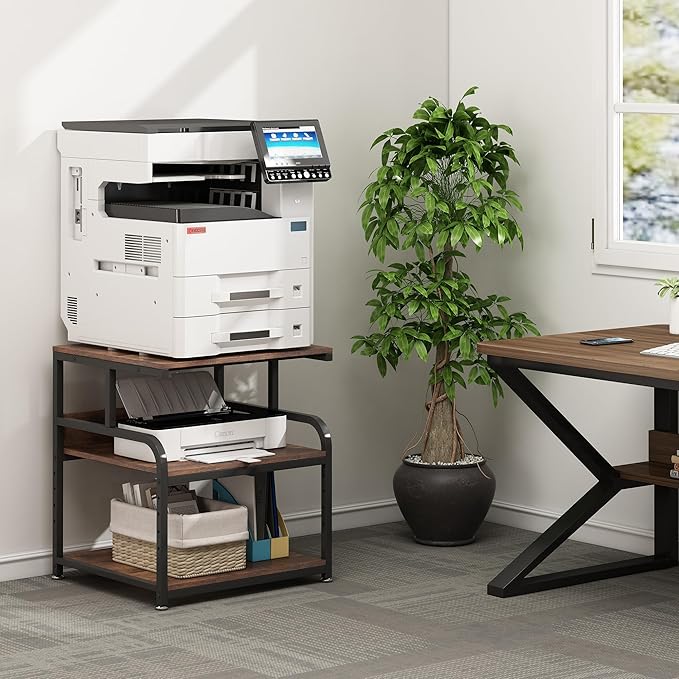 23.6" Deep Extra Large Printer Stand, 3 Tier Printer Table with Adjustable Storage Shelf, Rolling Printer Cart with Industrial Wheels for Home Office, Rustic Brown
