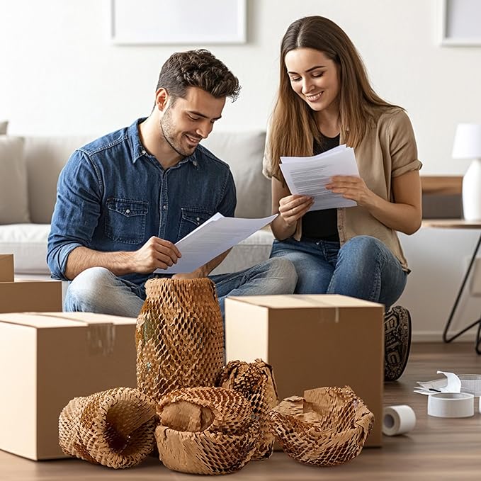 Honeycomb Packing Paper 12" Width X 400 FT for Moving Glass Dishes Recyclable Wrapping Paper Bubble Wrap Packing Material for Shipping Fragile Items Shipping Filler with 20 Fragile Stickers