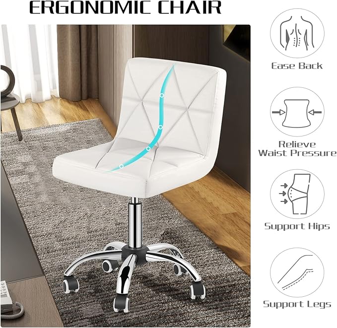 COSVALVE Armless Desk Chair, Mid Back Swivel Office Chair, Adjustable Executive Conference Task Chair with Rolling Wheels and Diamond Pattern, for Home Computer Barber, White