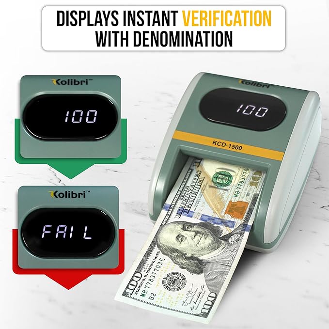 Kolibri KCD-1500 4-Way Orientation USD Counterfeit Money Detector and Bill Value Reader with UV, MG and IR Detection for Small Businesses (Battery not Included)