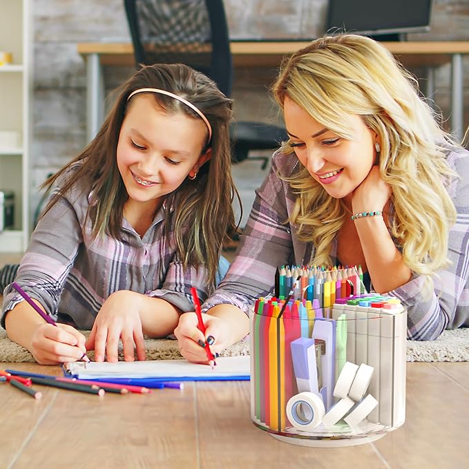2 Pack Pen Pencil Holder for Kids, Rotating Pen Holder for Desk Organizer, 4 Compartments Art Supply Marker Organizer and Storage, Kids Desk Organizer Marker Holder Caddy Art Supply Organizer for Desk
