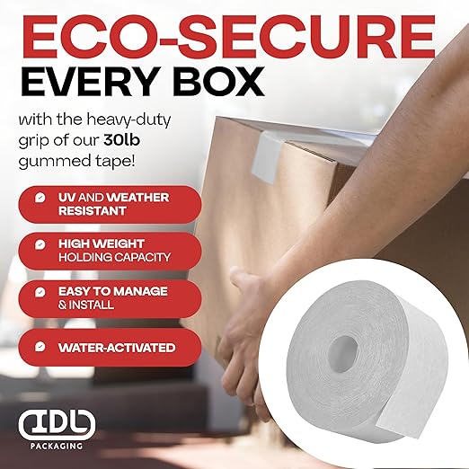 IDL Packaging 2.83" x 450 feet Reinforced Water-Activated Kraft Gummed Tape 30lb Thickness (Pack of 6) - Secure Paper Packing Tape for Secure Carton Sealing - Heavy-Duty for All Conditions, White