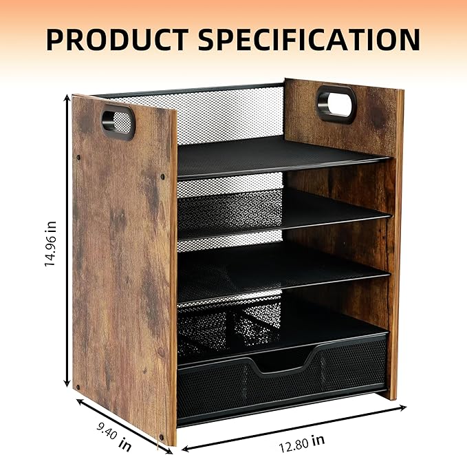 Wood Desk Organizer - 5-Tier Desktop File Organizer with Drawer, Wooden Paper Tray, Office Desk Organzier and Accessories for Papers, Mail, Notebooks, Stationery
