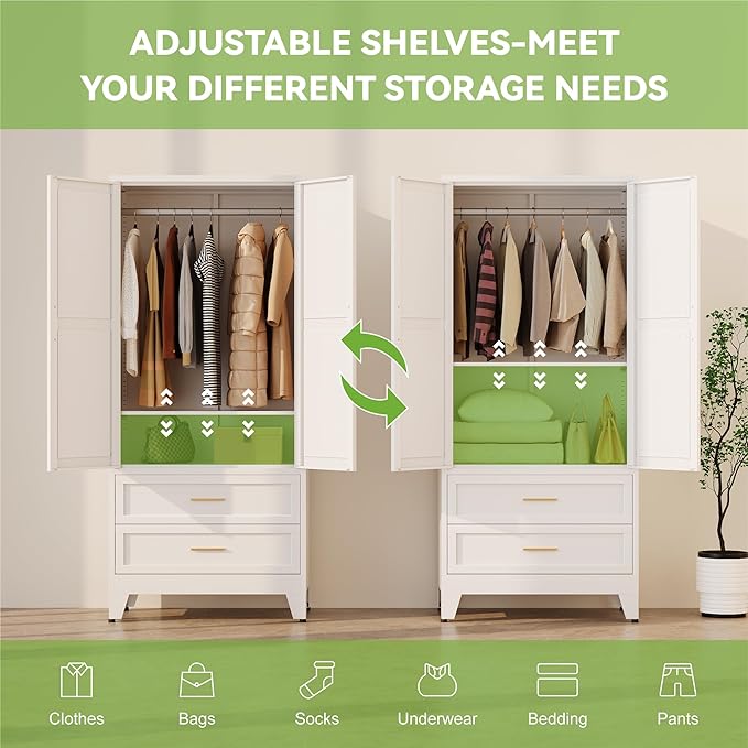 Metal Wardrobe Cabinet with Hanging Rod,71" Armoire Wardrobe Closet with 2 Drawers,Farmhouse Metal Clothing Storage Cabinets with Door and Adjustable Shelves for Bedroom,Laundry Room(White)