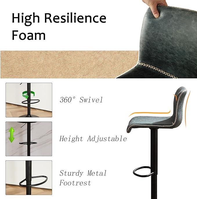 HeuGah Swivel Bar Stools Set of 2, Adjustable Counter Height Barstools with Back, Faux Leather Bar Chairs for Kitchen Island (Deep Teal, Set of 2 (24'' to 32''))