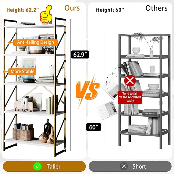 Shintenchi 2 Pieces 5 Tiers Bookshelf, Classically Tall Bookcase Shelf, Industrial Book Rack, Modern Book Holder in Bedroom/Living Room/Home/Office, Storage Rack Shelves for Books/Movies-Gold