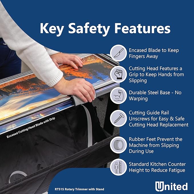 United Office Products RT51S Commercial Rotary Paper Trimmer with Stand and Fabric Catch Tray, Sturdy Metal Base, 51" Cut Length, 10 Sheet Capacity, Paper Cutter for Offices, Schools and Crafts