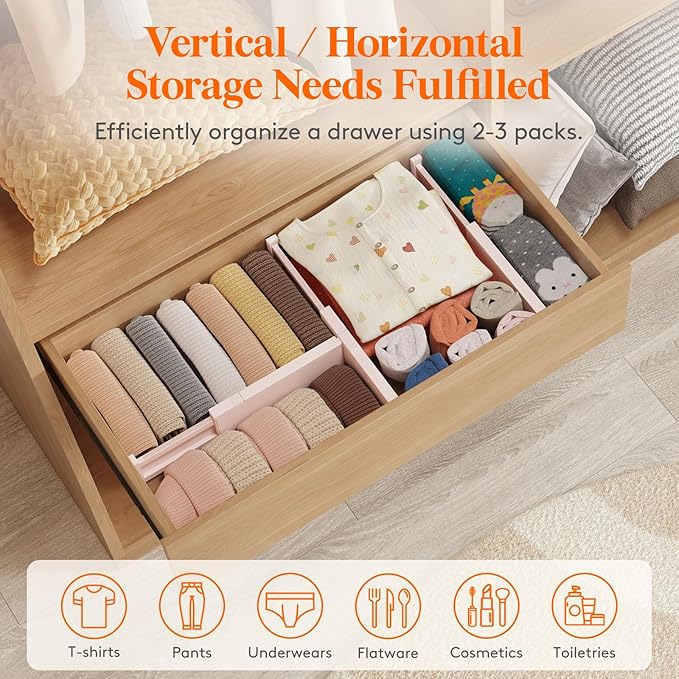 Lifewit 16 Pack Drawer Dividers 4" High, 11-17" Adjustable Drawer Organizers for Clothes, Expandable Dresser Separators in Bedroom/Bathroom/Kitchen/Fridge/Office Organization and Storage, Pink