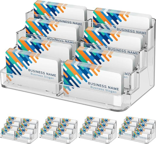 MaxGear Acrylic Business Card Holder for Desk Multiple Business Card Holders, Premium Cards Stand, Clear Plastic Cards Display Holder with 4 Tier for Exhibition, Home and Office, 8 Pocket, 4 Pack