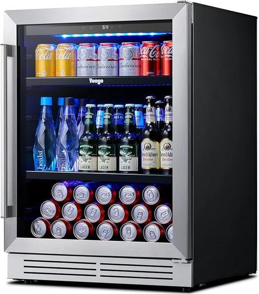 Yeego Beverage Refrigerator Cooler - 24 inch 180 Cans Mini Fridge with Glass Door, 34-54 ℉ Under Counter Refrigerator Built-in for Wine Beer Soda for Bar Bedroom Office
