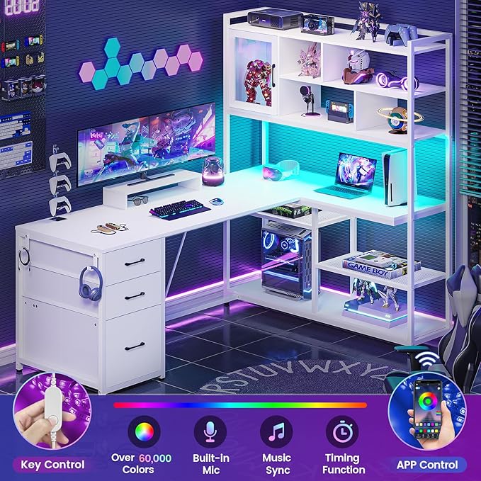 SEDETA L Shaped Computer Desk, 58'' Office Desk with 3 Drawers and Bookshelf, L Shaped Corner Desk with Storage Shelves and LED Light for Home Office, Gaming Desk, L Desk, White