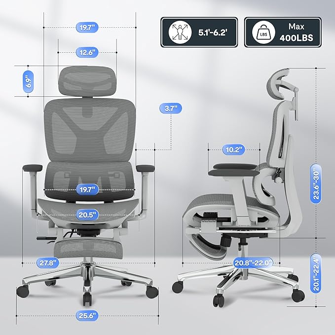 FLEXISPOT ErgoX Premium Ergonomic Office Chair with Footrest- Adjustable 3D Armrests, Dynamic Lumbar Support, Recline & Tilt Function, Mesh Seat, for Home & Office Use,Light Grey