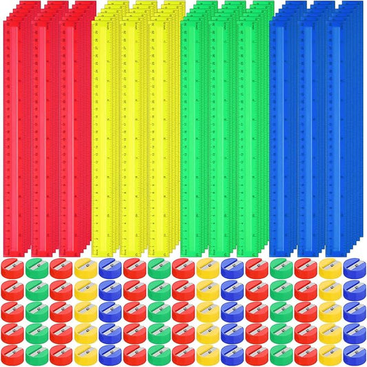 100 Pcs Plastic Rulers and 100 Pcs Mini Round Manual Pencil Sharpener Bulk, 4 Assorted Colors Pocket Sized Pencil Sharpeners Colorful Straight Ruler Back to School Supplies for Kids (Novel,12 Inch)