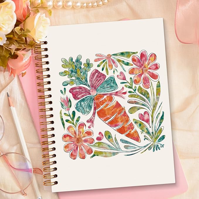 JXREQ Cute Carrot Bow Floral Notebook Botanical Journal Notebooks for Note Taking Writing, Pretty Carrots Journal for Women, Aesthetic Office Supplies, Spiral Notebooks 5.5x8.3