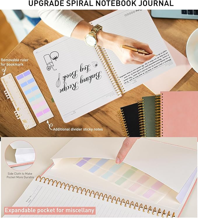 A4 Spiral Notebook Journal 8.5” x 11”, 256 Numbered Pages Hardcover Leather Journals for Women Men, Large Lined College Ruled Notebooks, 100GSM Thick Paper, Spiral Bound Journal for Work School, Pink