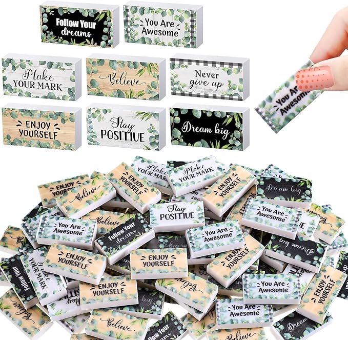 100 Pcs Inspirational Pencil Erasers Bulk for Kids Fun Motivational Eraser School Supplies Back to School Office Supplies for Classroom Office Teacher Artists (Eucalyptus Leaf)