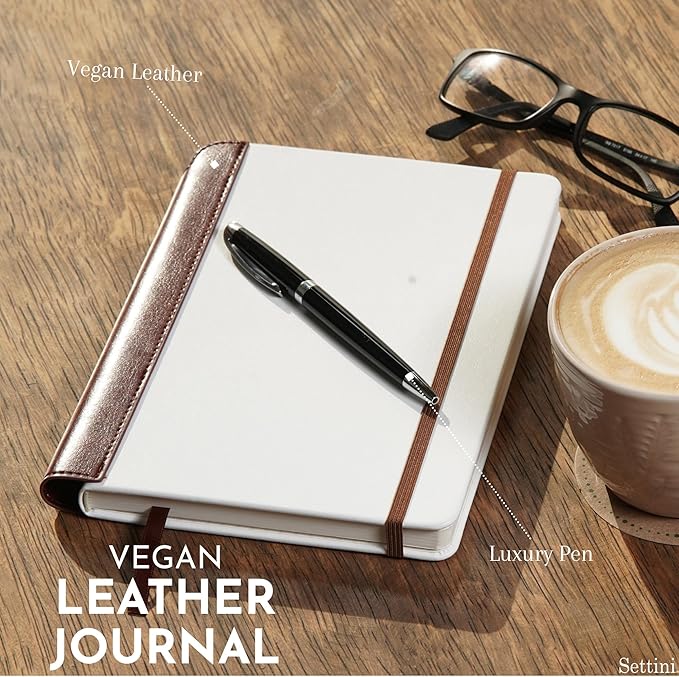 SETTINI® Lined Journal - Modern White Journal for Writing Gift Set - Hardcover Vegan Leather, Includes Luxury Pen in a Unique Pen Holder, 192 Pages, 6 x 8.5 inches, Birthday Gift