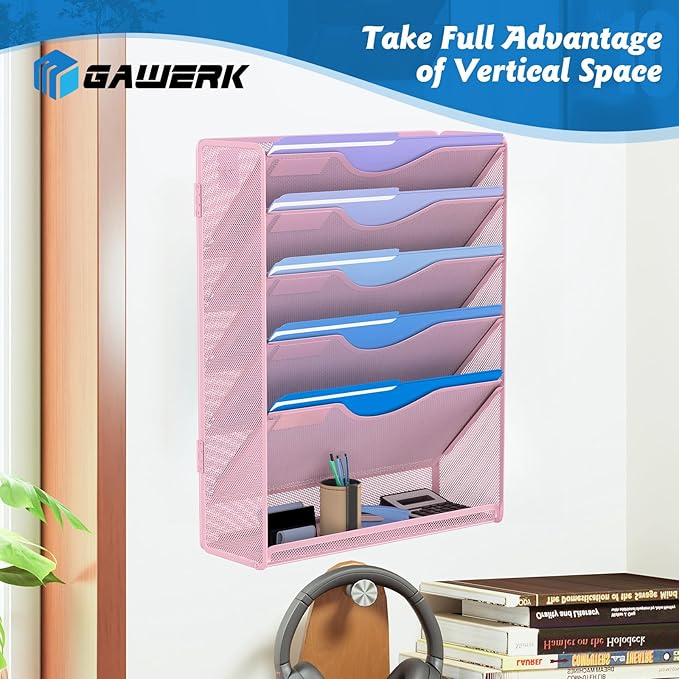 6 Tier Hanging File Organizer, Mesh Wall File Holder Paper Folder Rack with Bottom Flat Tray for Office Home, Pink
