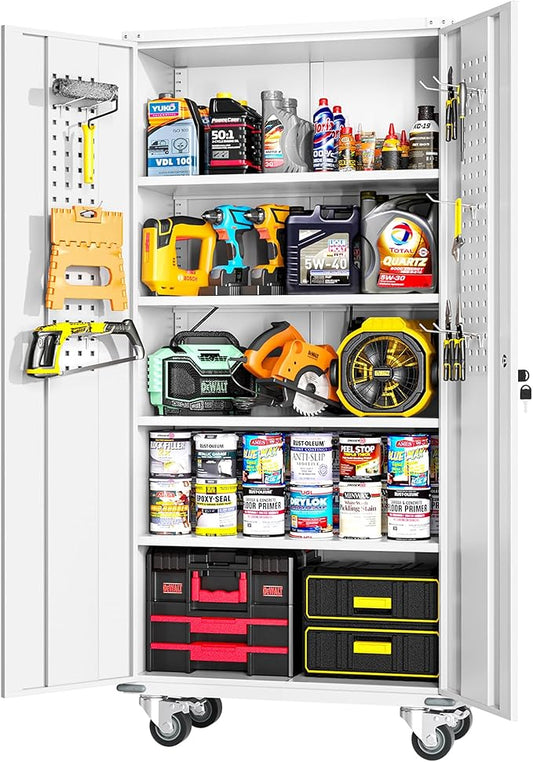 Greenvelly 72" Metal Storage Cabinet with Wheel and Pegboard, Lockable White Metal Garage Cabinets with 2 Doors and 4 Adjustable Shelves, Rolling Steel Tool Cabinet for Garage, Home Office, School