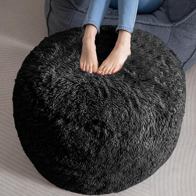 HIGOGOGO Round Stuffed Pouf Ottoman, Long Faux Fur Poufs with Foam Chunk Filling, Fluffy and Furry Pouf Foot Stool Storage Ottoman, 26 X 18 Floor Poufs Foot Rest for Living Room, Black