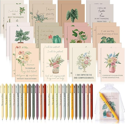 24 Set/48 Pcs Positive Affirmation Gift Set Gratitude Notebooks with Pens Small Bags Motivational Encouragement Notepads Daily Affirmations Journal for Women Stress Relief Self Care (Flower)