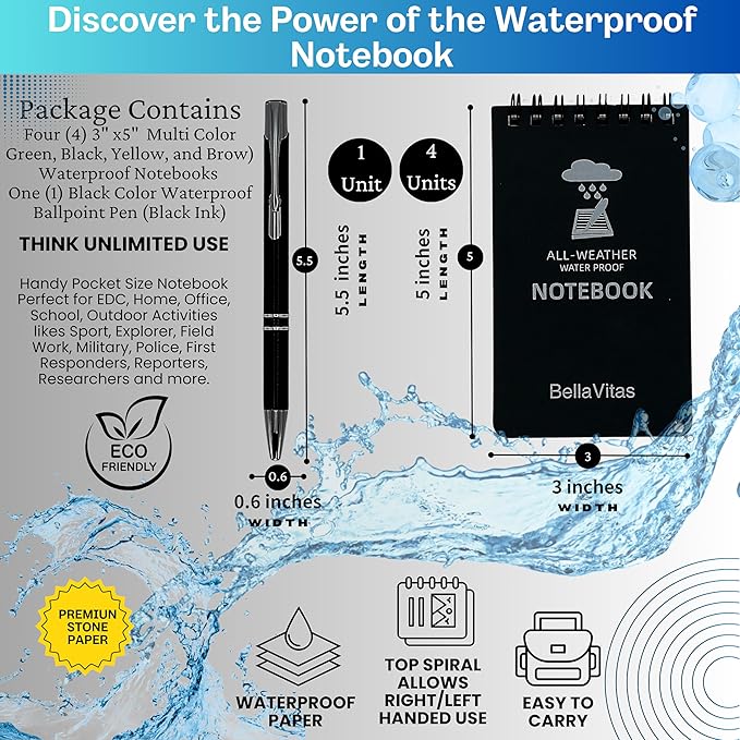 Waterproof 3x5 Notebook Pocket Notebook Small Spiral Notebooks Pocket Notepad Small Notepad 3x5 Pocket Notepad Police Notepad Tactical Notebook and All-Weather pen 4 Pack Multi