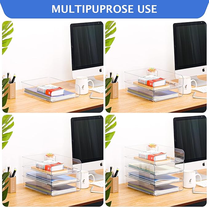 Set of 4 Office Organization and Storage, Clear PET Letter Tray Desk Organizer, Stackable Document and File Paper Organizer for Office Supplies